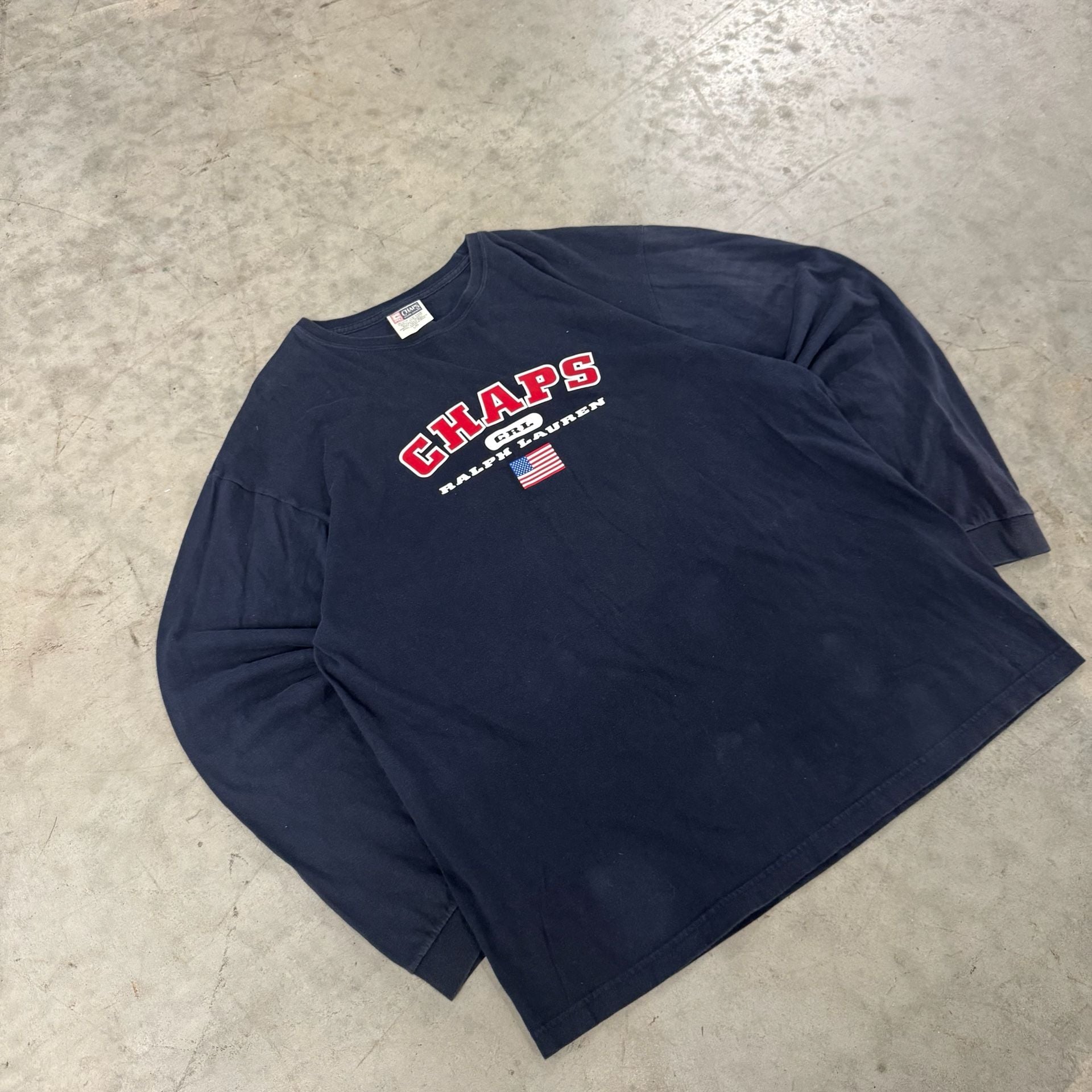 Chaps Ralph Lauren Long Sleeve T-Shirt Size L Navy Blue Logo Flag Graphic 2