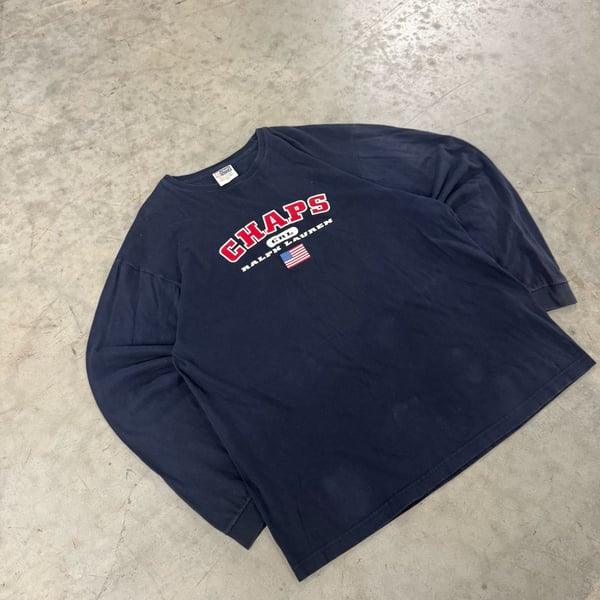 Chaps Ralph Lauren Long Sleeve T-Shirt Size L Navy Blue Logo Flag Graphic