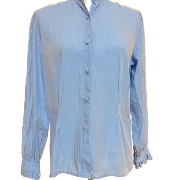 Claude Cotonay Paris Blouse Size 40 Blue Ruffle Collar Long Sleeve