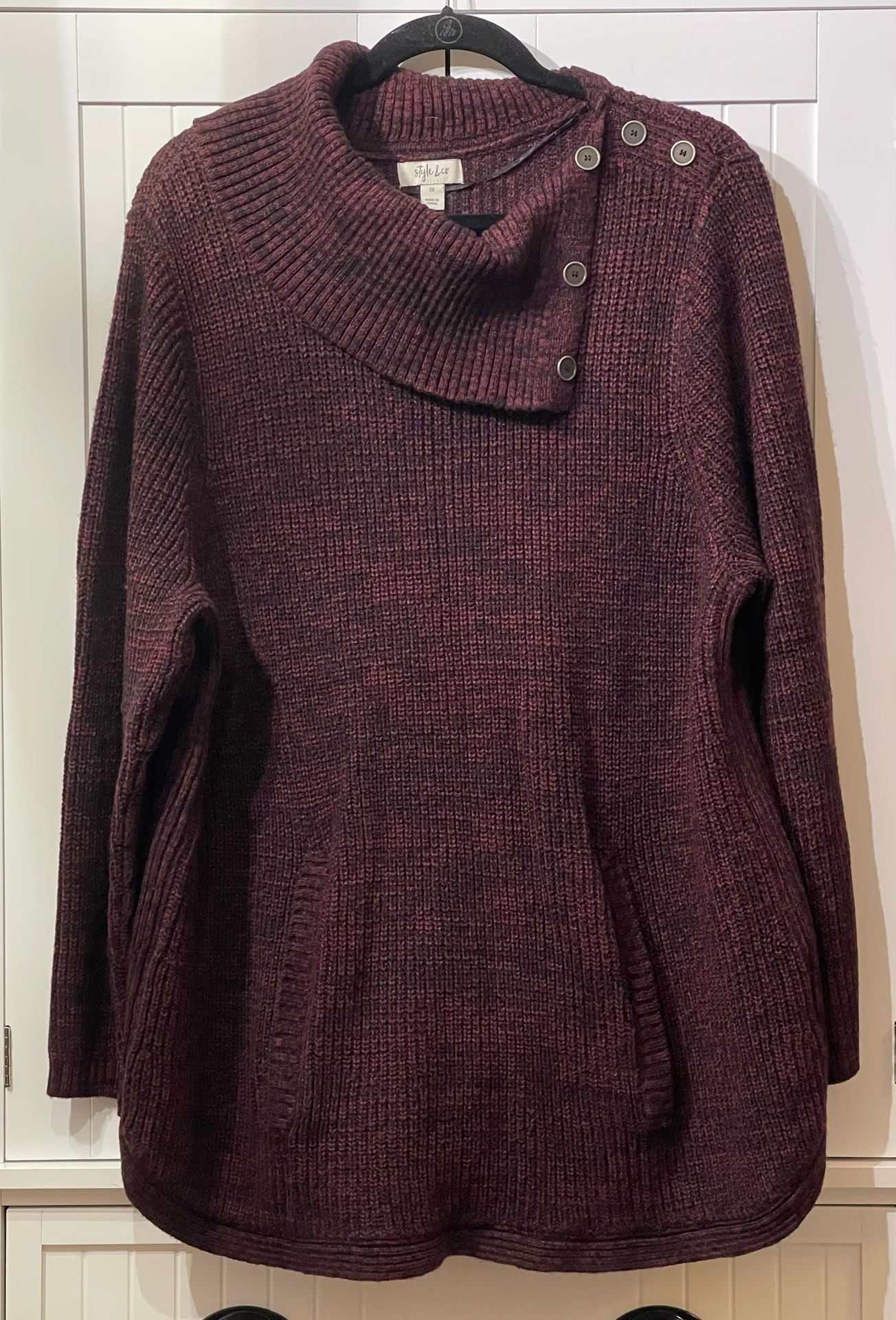 Style & Co Sweater Size 3X Burgundy Marled Envelope Neck Button Trim Tunic 2