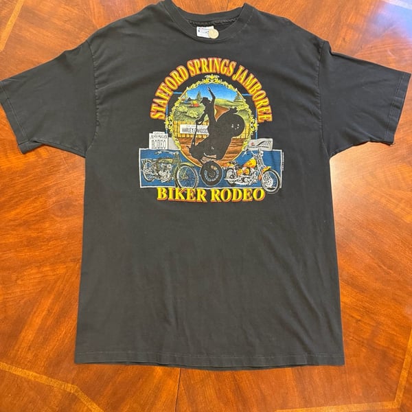 VINTAGE Stafford Springs Jamboree 1992 Biker Rodeo T-Shirt Size XXL Black