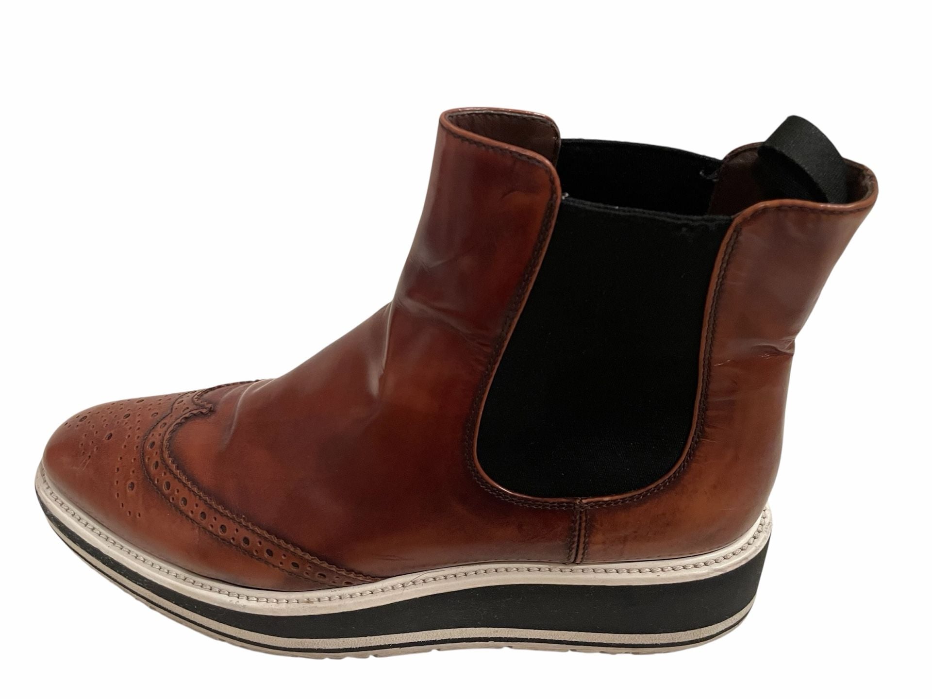 Prada Wing Tip Chelsea Boots Brown Leather Brogue Platform Size: 38.5 / 8 US 3