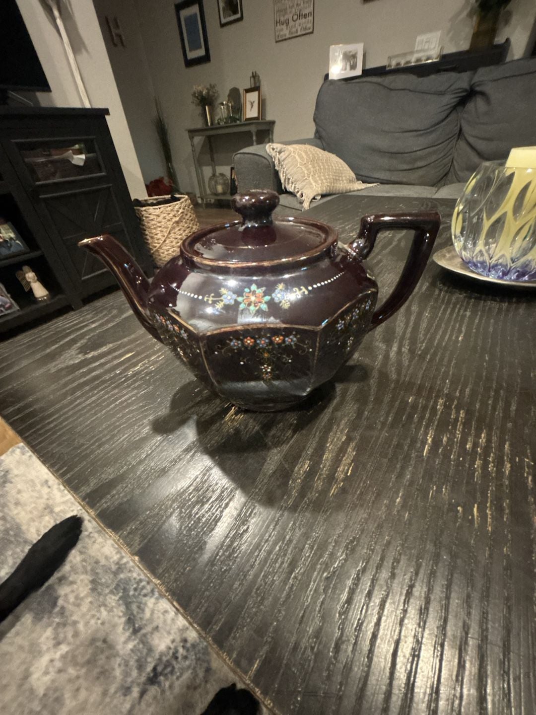 Vintage Moriage Hand Painted Redware Teapot Brown Floral 2