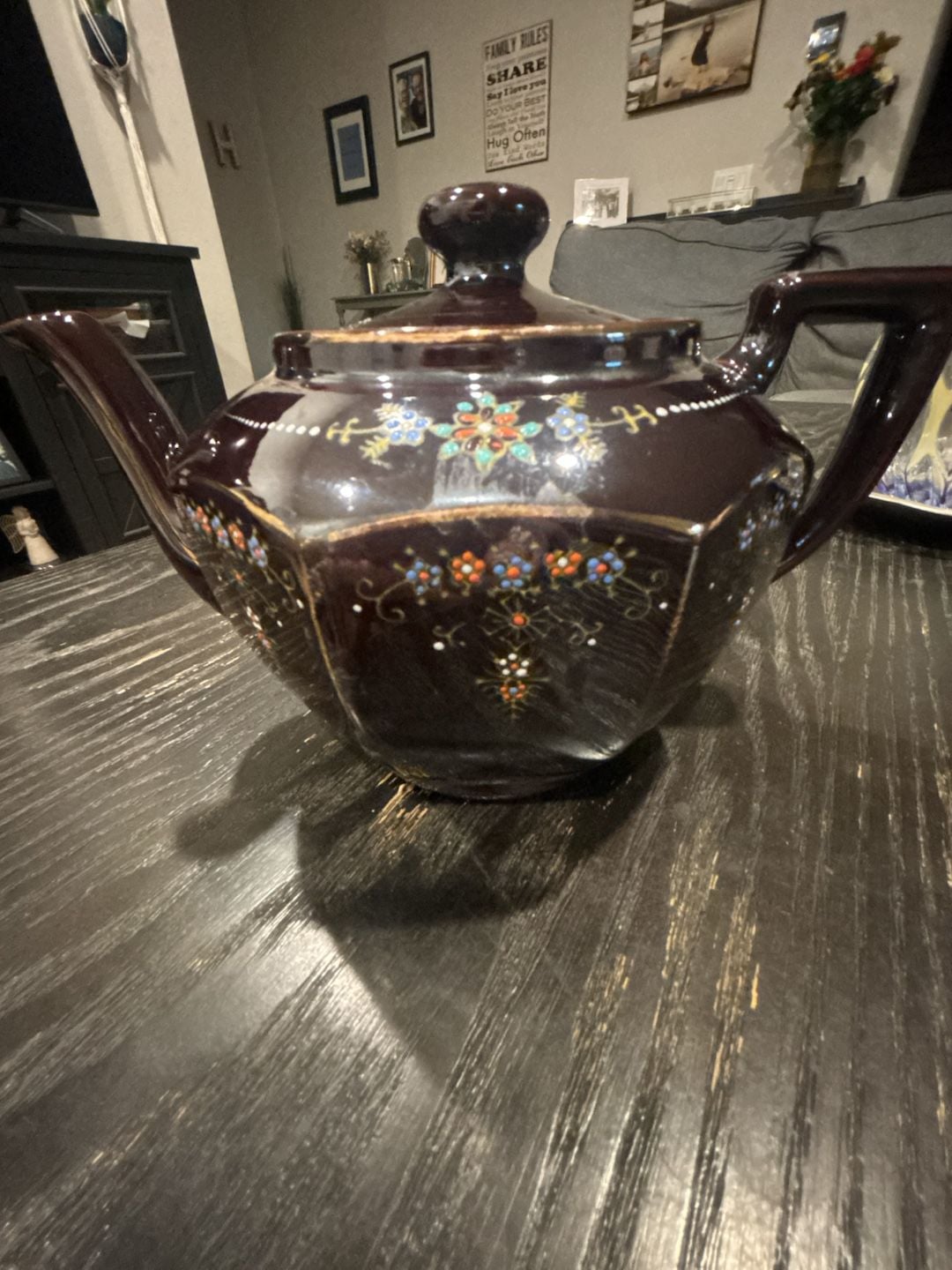 Vintage Moriage Hand Painted Redware Teapot Brown Floral 1