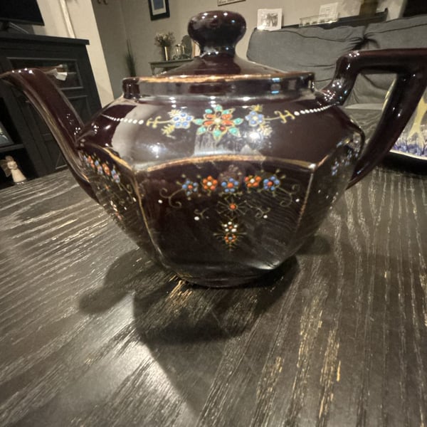 Vintage Moriage Hand Painted Redware Teapot Brown Floral