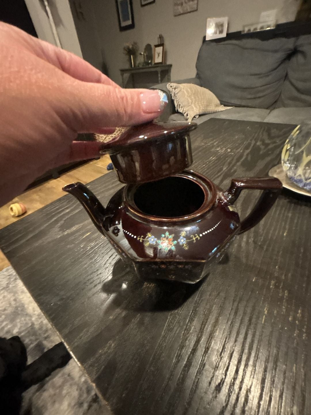 Vintage Moriage Hand Painted Redware Teapot Brown Floral 3