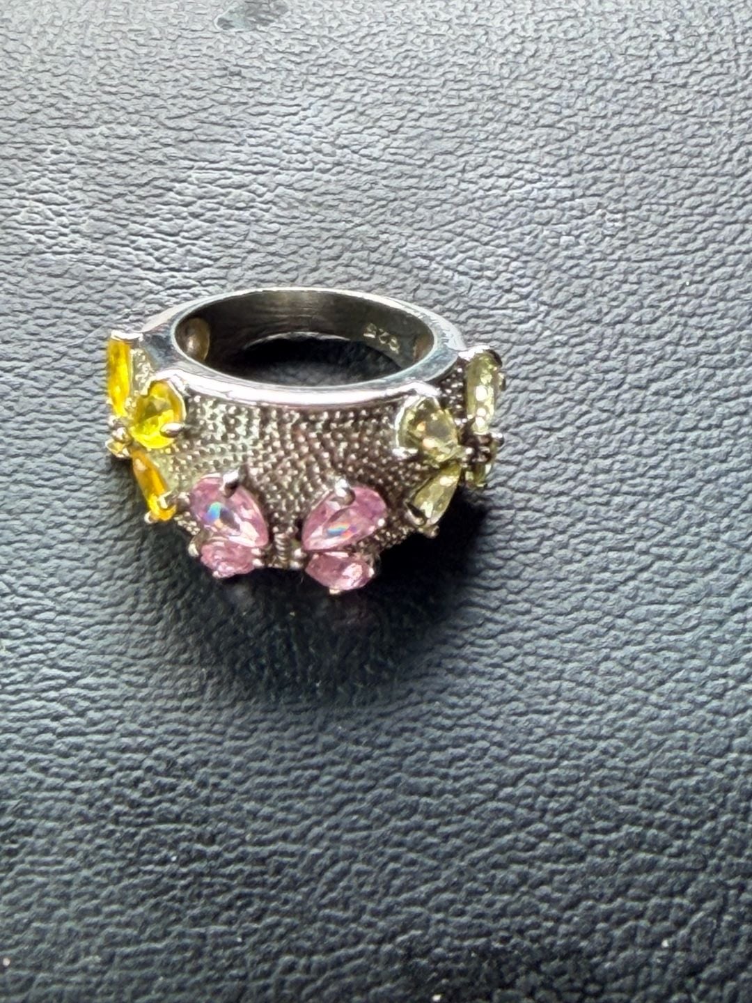 Sterling Silver Pink and Yellow CZ Butterfly Band Ring 925 1
