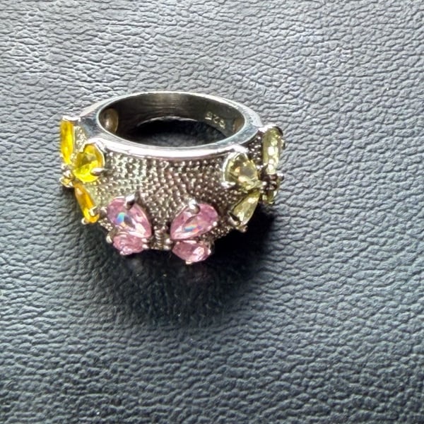 Sterling Silver Pink and Yellow CZ Butterfly Band Ring 925