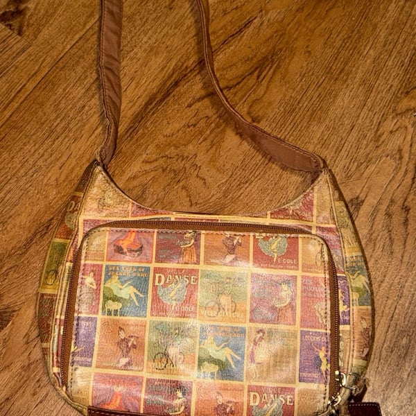 Fossil Coronado Vintage Travel Print Leather Shoulder Bag Multi