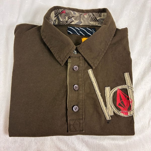 Volcom Polo Shirt Size L Brown Graphic Applique Y2K