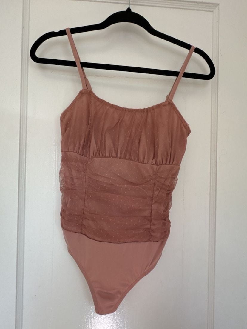 Dusty Rose Sheer Mesh Ruched Bodysuit Coquette Polka Dot Thong S ballerina 2