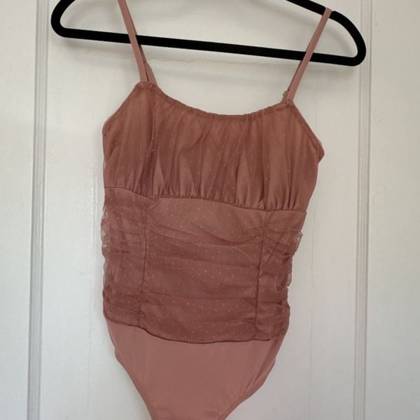 Dusty Rose Sheer Mesh Ruched Bodysuit Coquette Polka Dot Thong S ballerina 