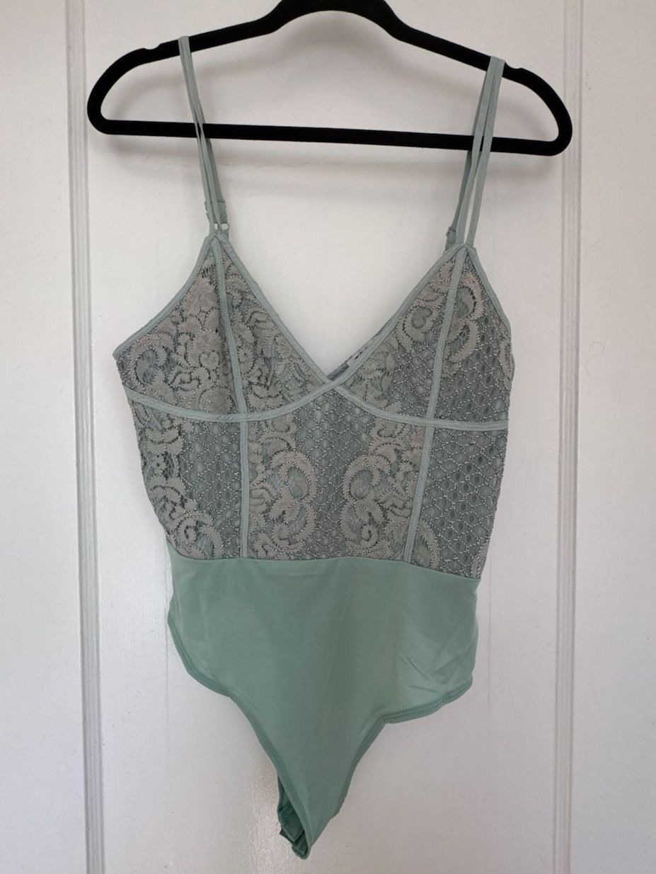 NWT Mint Green Lace Bodysuit Coquette Sheer Floral Teddy Thong Style M/M 2