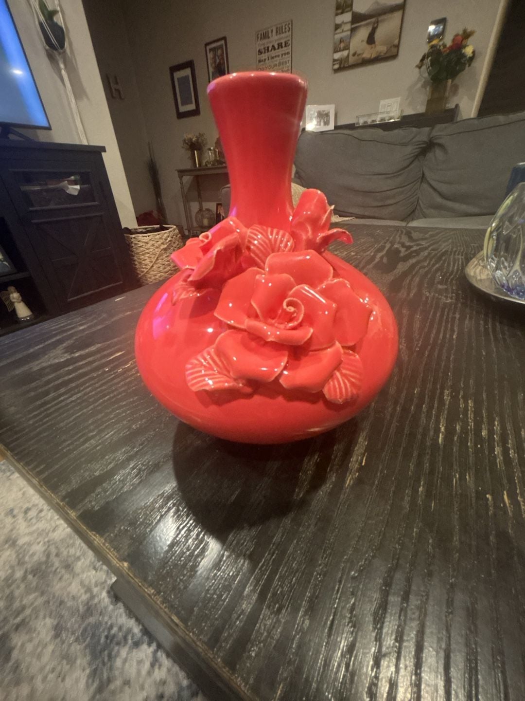 Ceramic Flower Vase Red Bottle Neck with 3D Roses 3