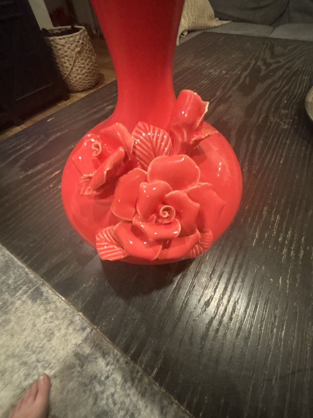 Ceramic Flower Vase Red Bottle Neck with 3D Roses 2