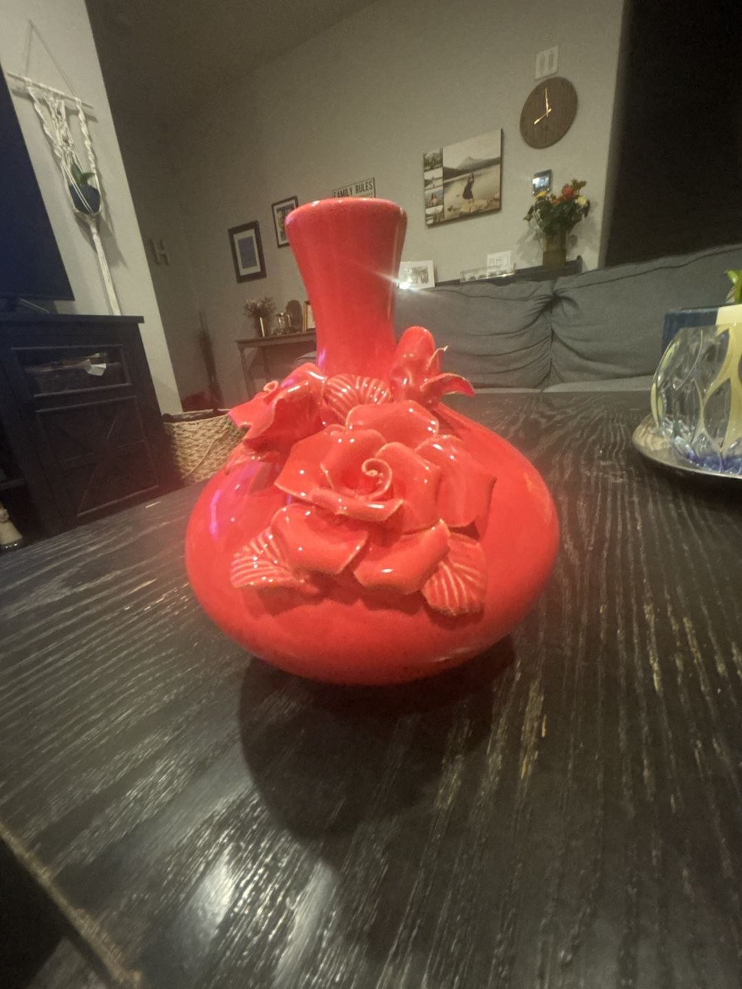 Ceramic Flower Vase Red Bottle Neck with 3D Roses 1