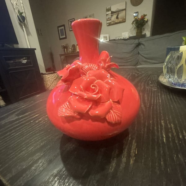 Ceramic Flower Vase Red Bottle Neck with 3D Roses