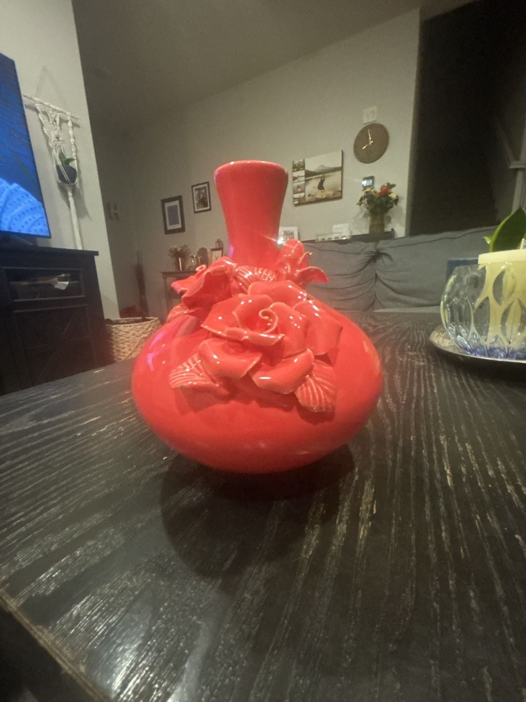 Ceramic Flower Vase Red Bottle Neck with 3D Roses 4