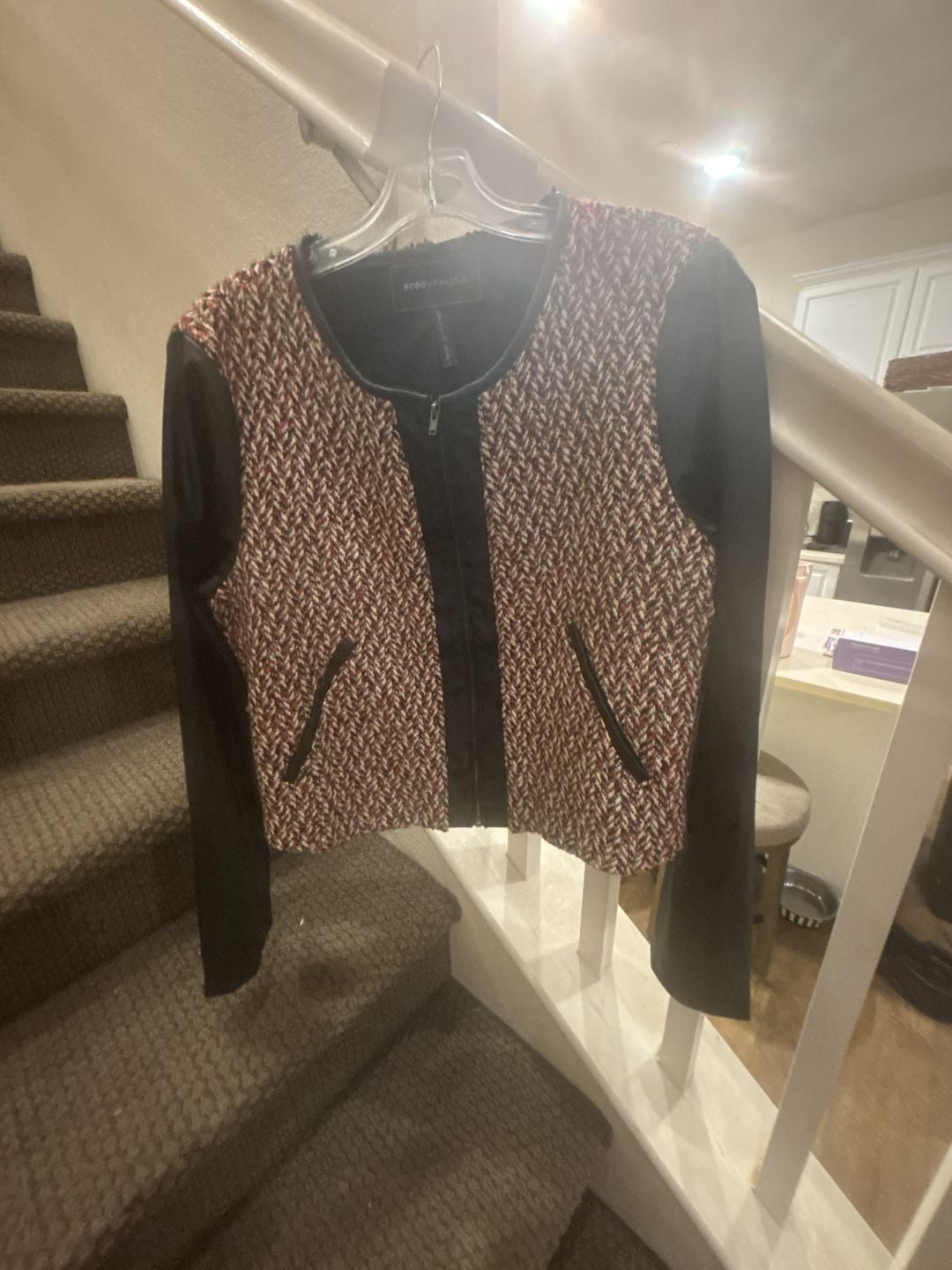 BCBGMAXAZRIA Tweed Faux Leather Jacket Size M/L Multicolor Zip Up Runs small. 2