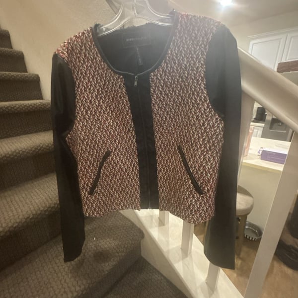 BCBGMAXAZRIA Tweed Faux Leather Jacket Size M/L Multicolor Zip Up Runs small.