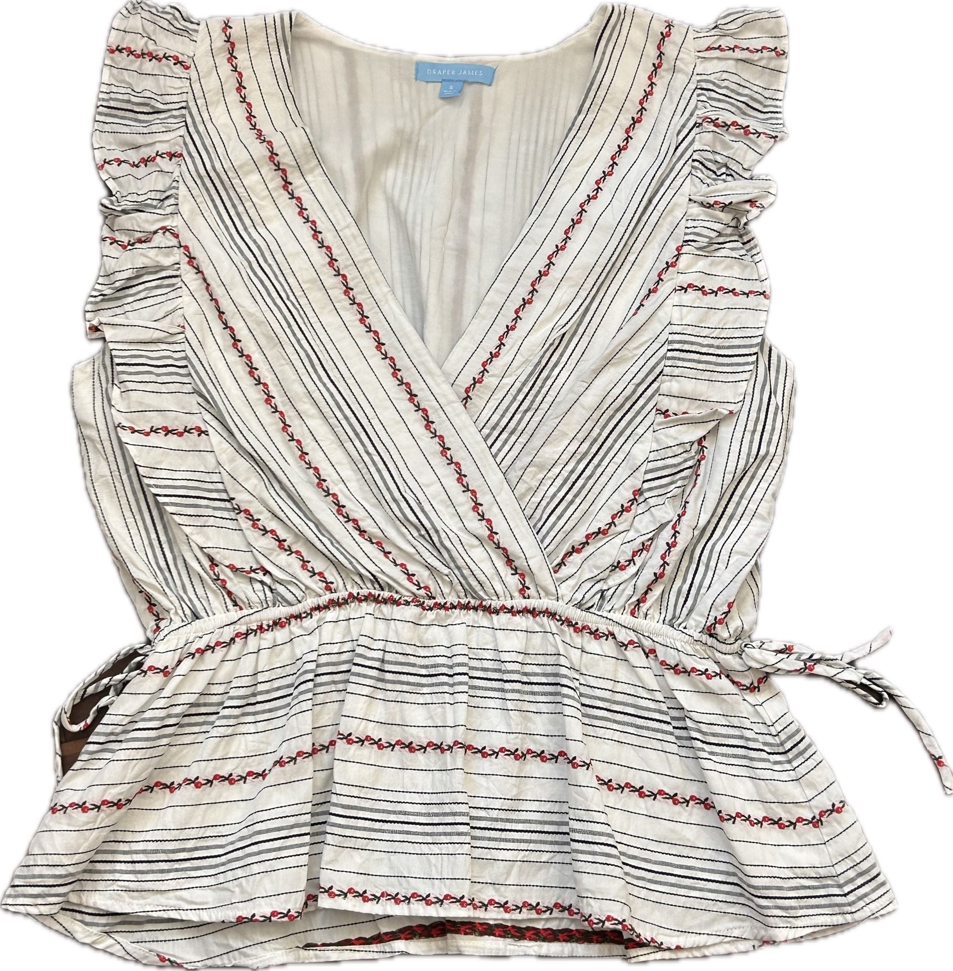 Draper James Smocked White Stripe Cherry Embroidered Peplum Blouse NWOT coquette 2