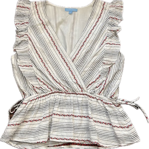 Draper James Smocked White Stripe Cherry Embroidered Peplum Blouse NWOT coquette
