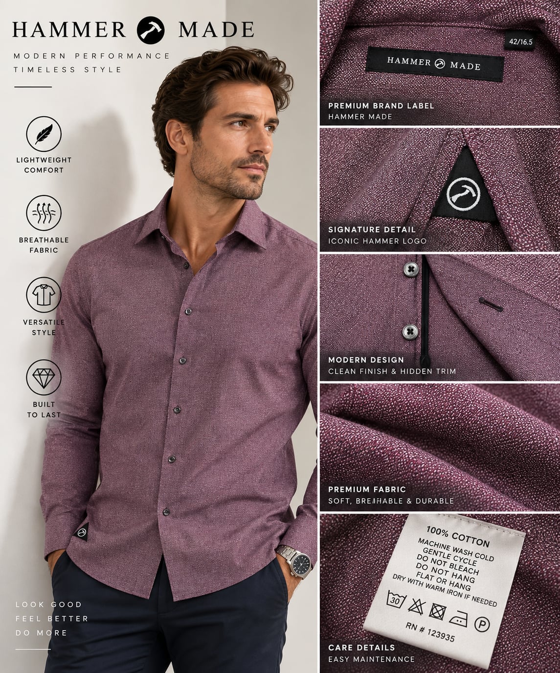 Hammer Made Purple Button Down Shirt Size 42/16.5 Cotton 2