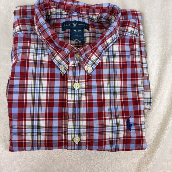 Ralph Lauren Plaid Button-Down Shirt Size XL (20) Red Blue Short Sleeve