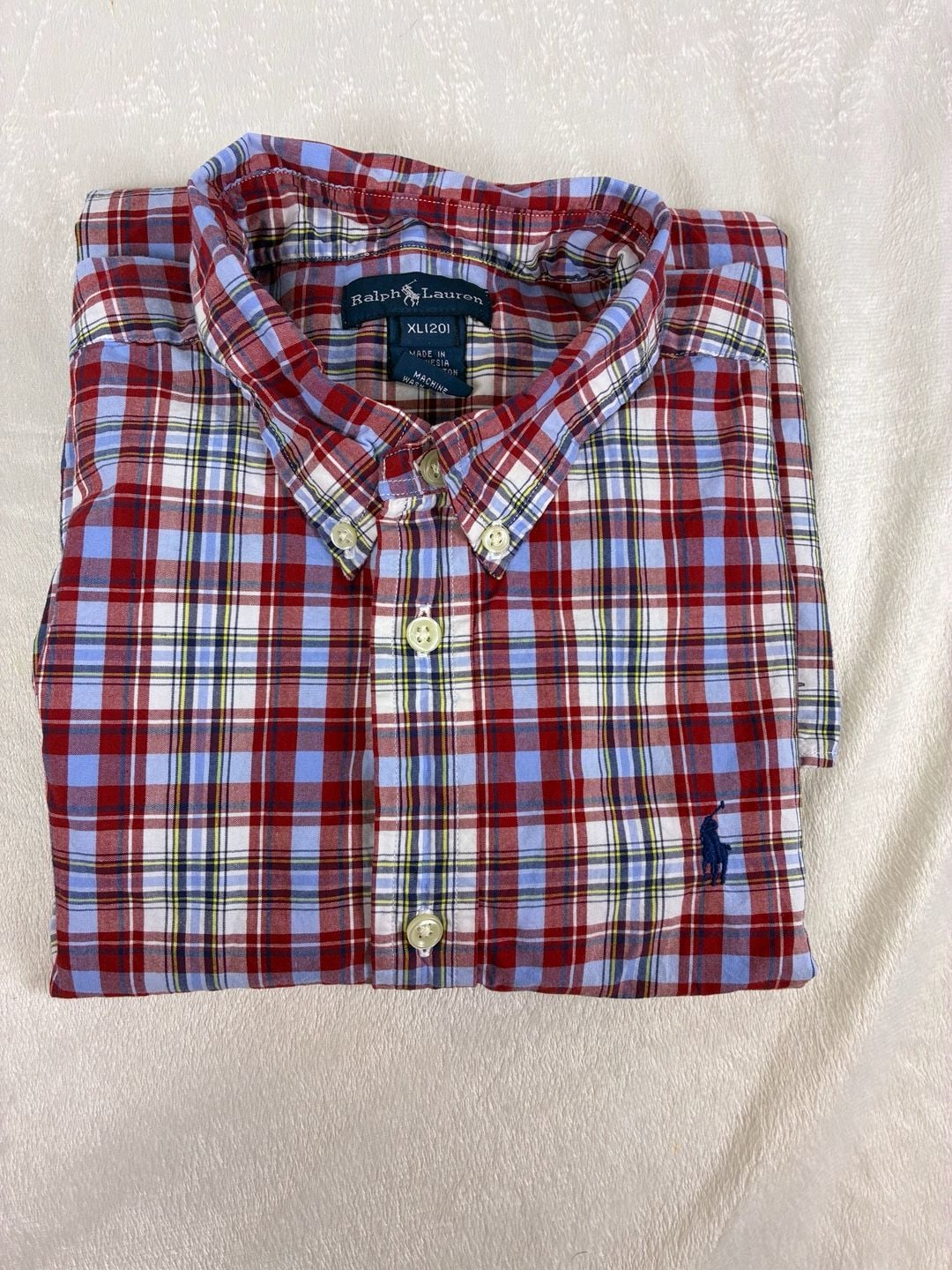 Ralph Lauren Plaid Button-Down Shirt Size XL (20) Red Blue Short Sleeve 7