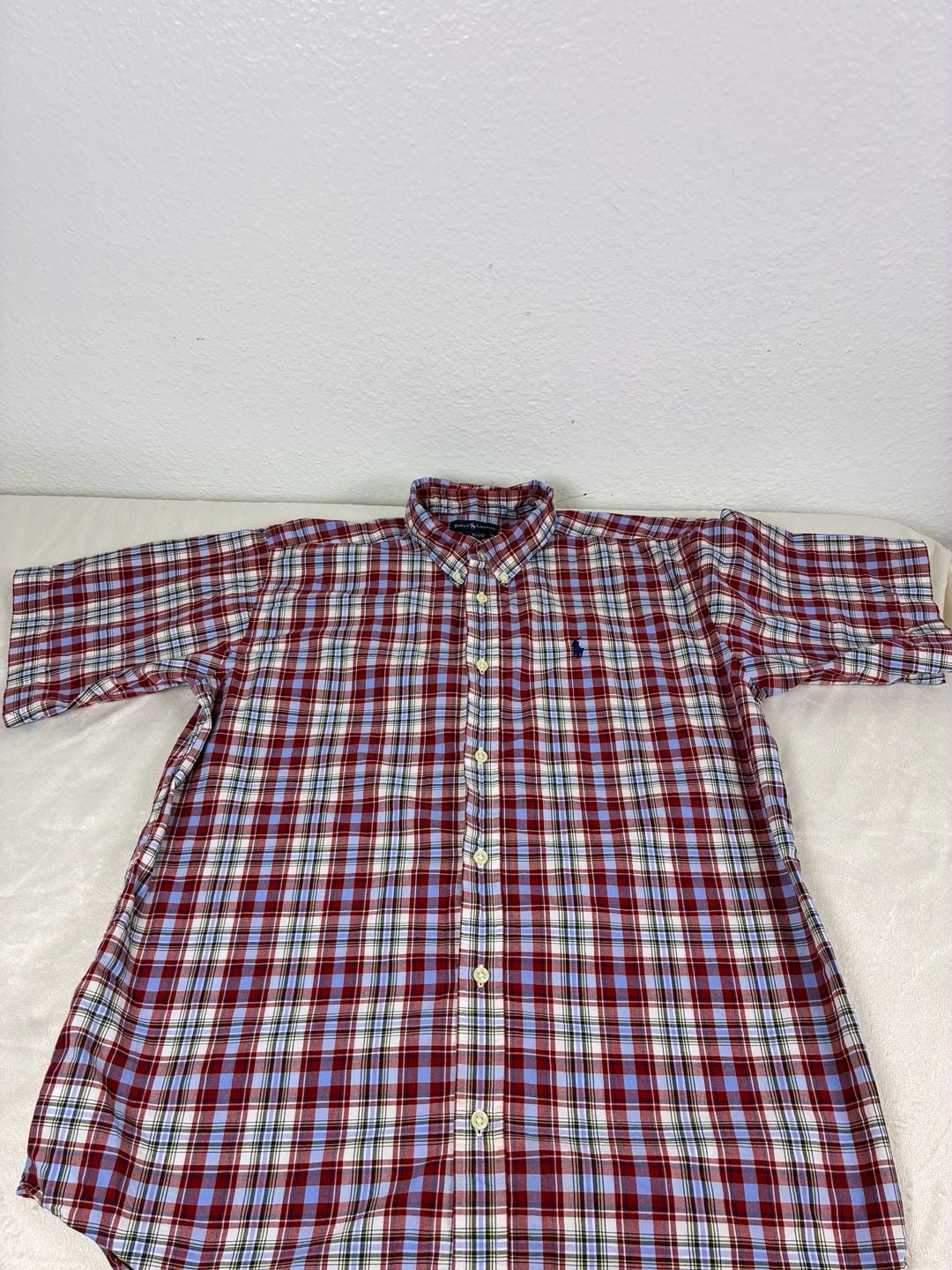 Ralph Lauren Plaid Button-Down Shirt Size XL (20) Red Blue Short Sleeve 8