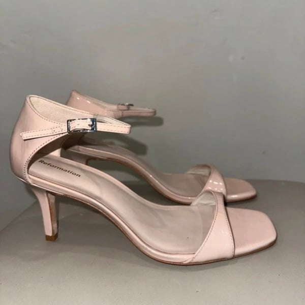 Reformation Ankle Strap Sandal Heel Pink Patent Leather