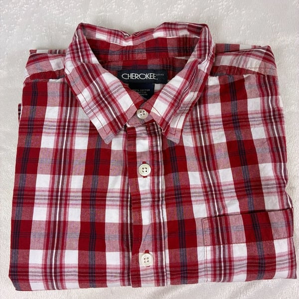 Cherokee Plaid Button-Down Shirt Size XL 14/16 Red White Short Sleeve