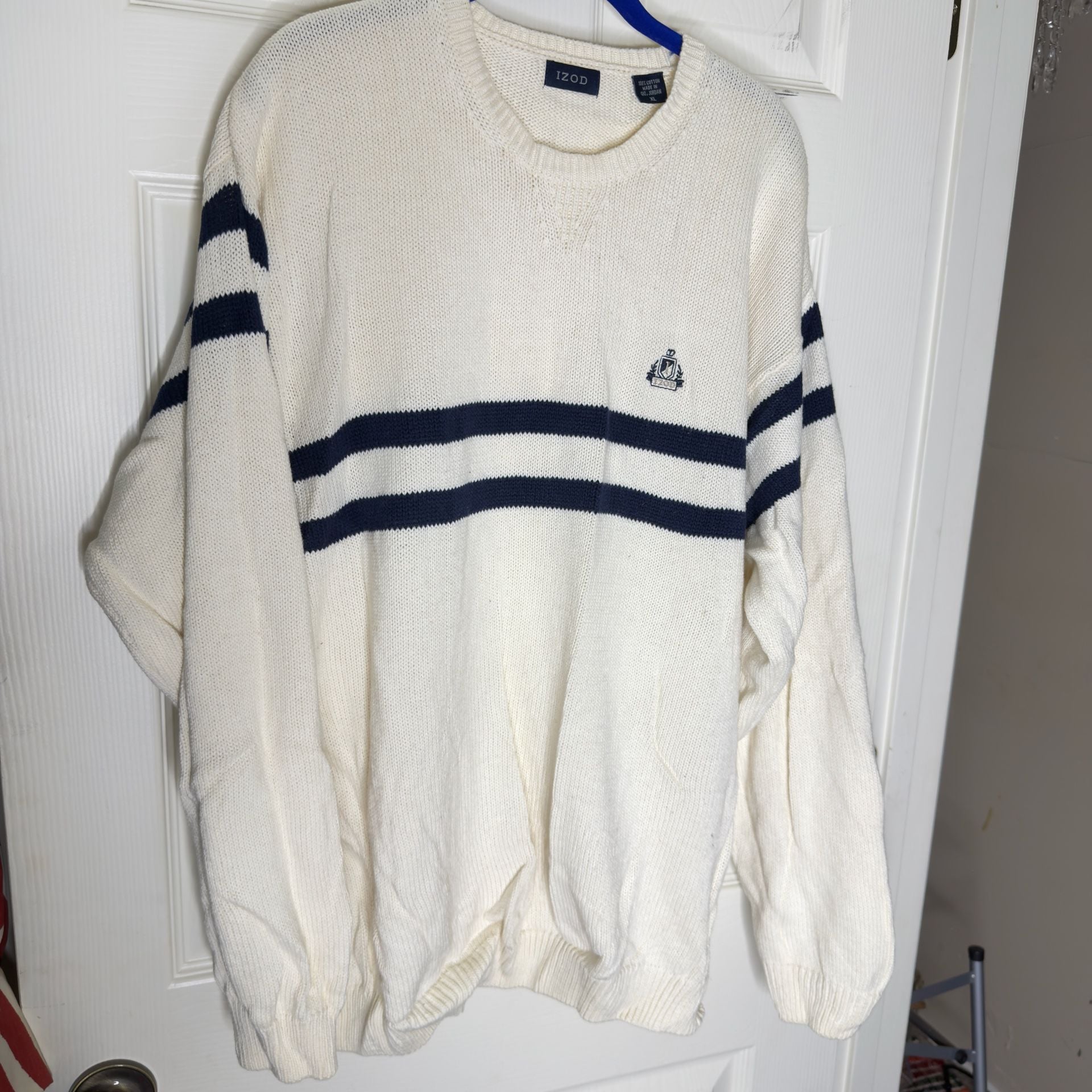 IZOD Crewneck Sweater Size XL White Navy Striped Cotton 2