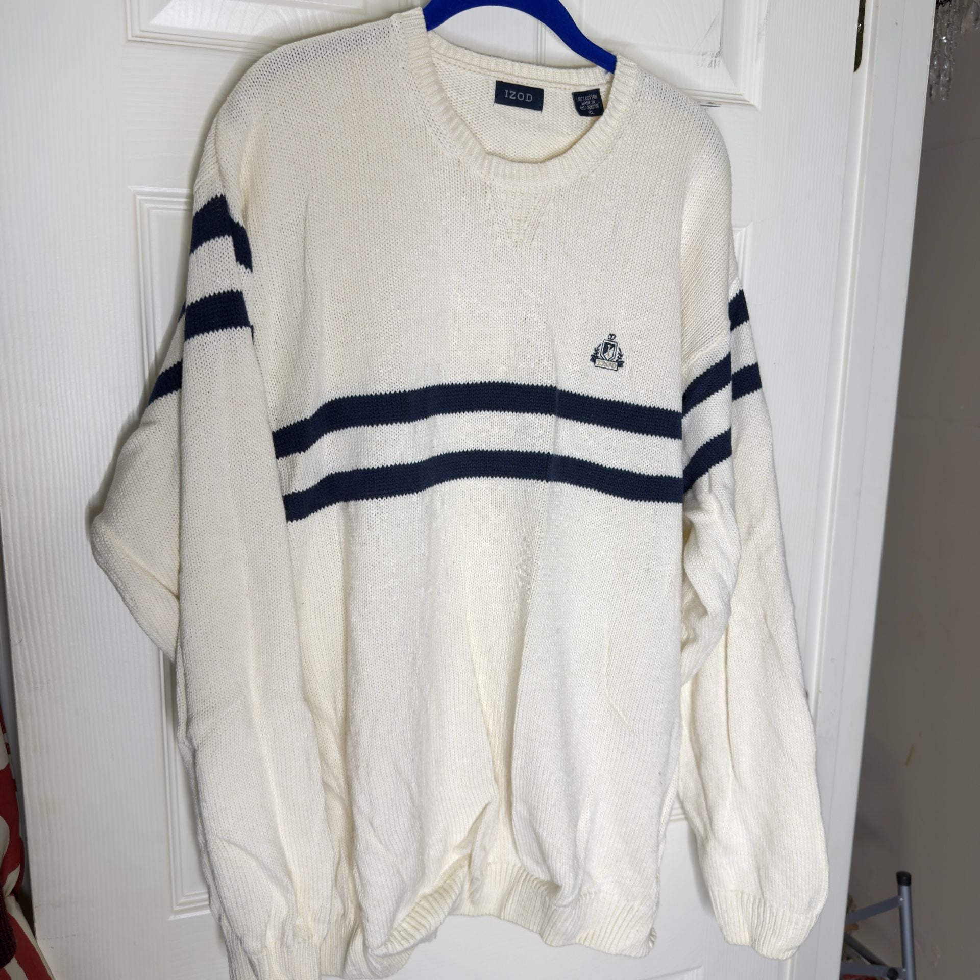 IZOD Crewneck Sweater Size XL White Navy Striped Cotton 3