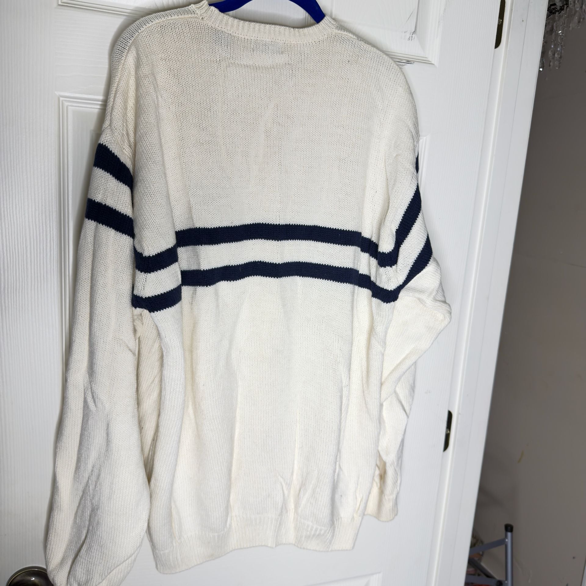 IZOD Crewneck Sweater Size XL White Navy Striped Cotton 4