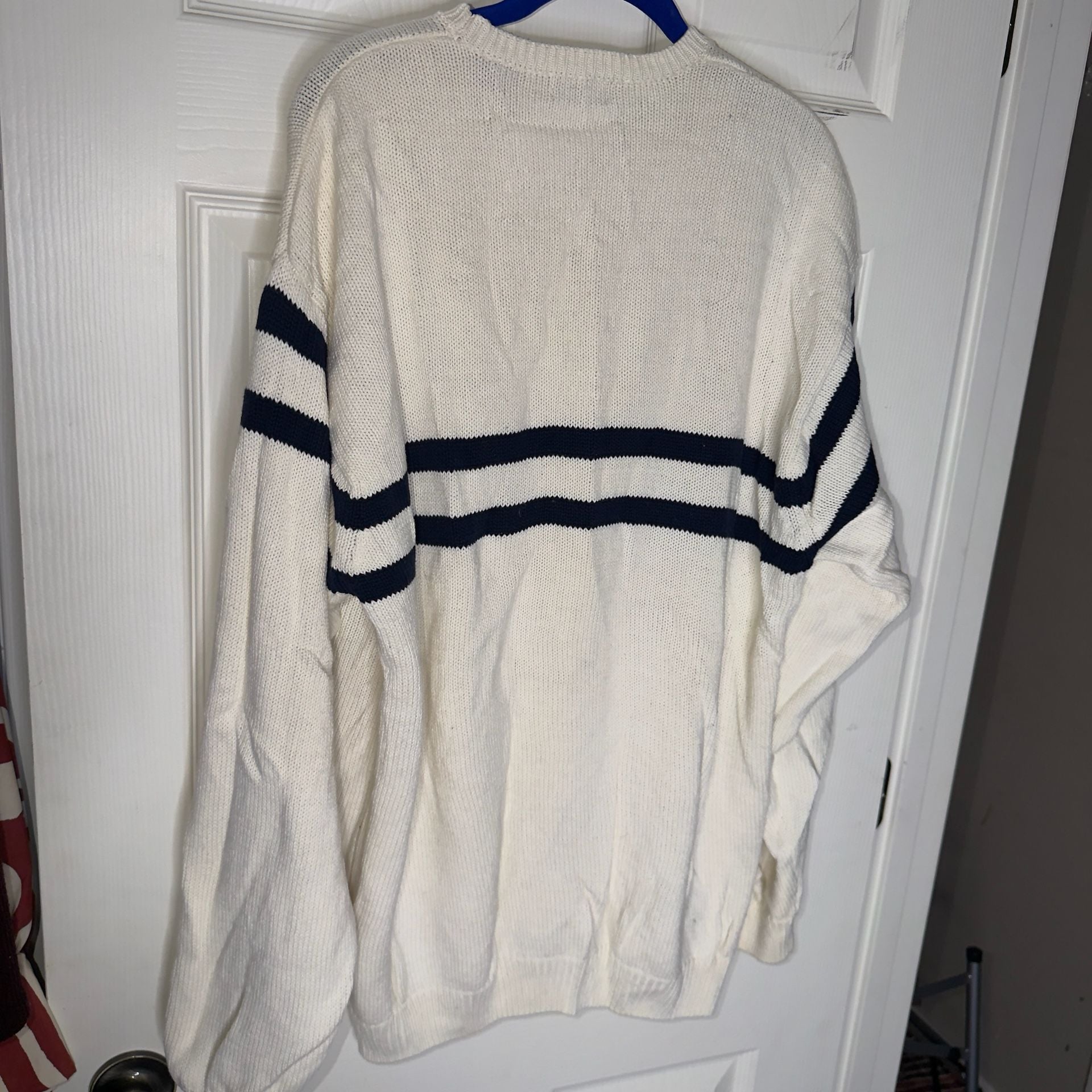 IZOD Crewneck Sweater Size XL White Navy Striped Cotton 5