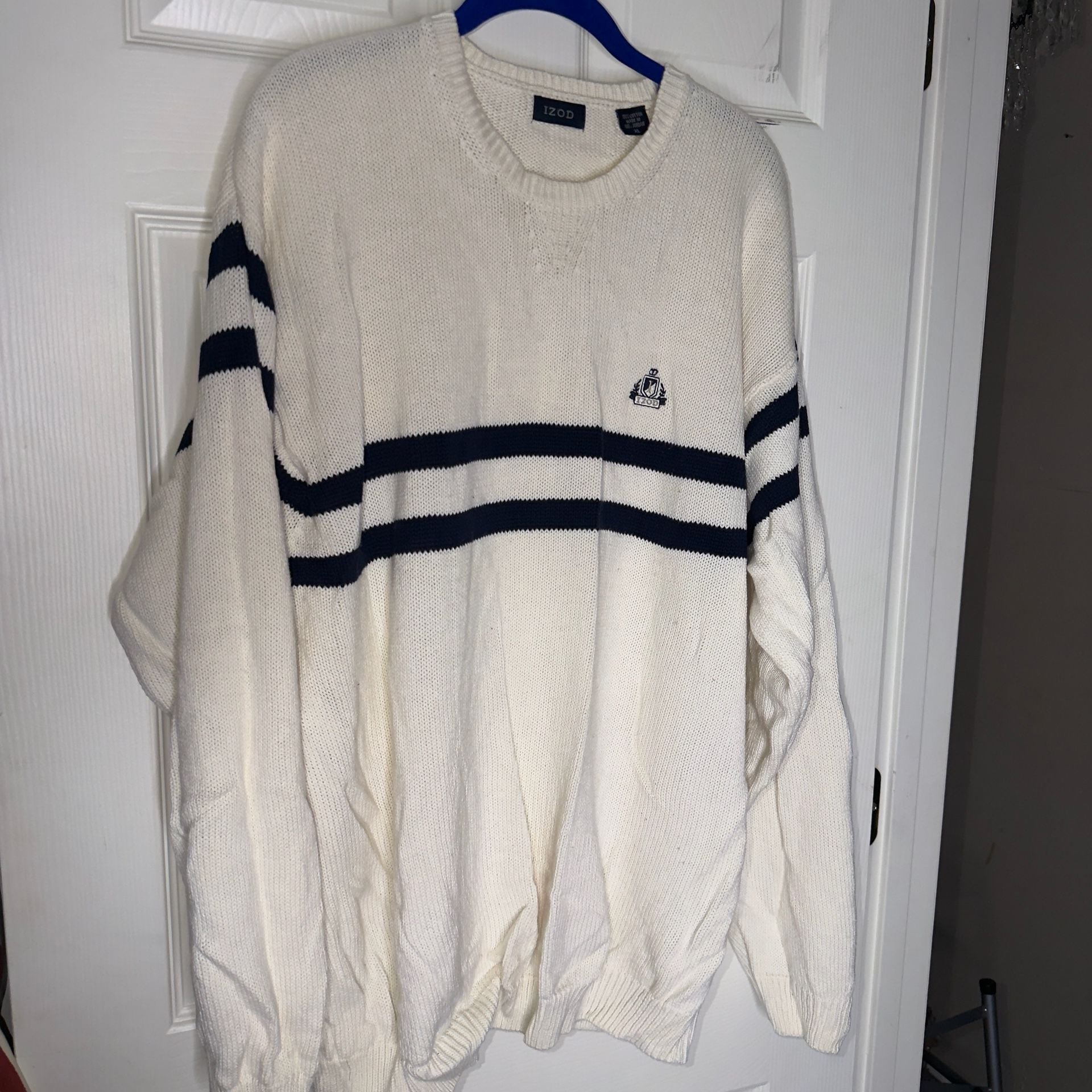 IZOD Crewneck Sweater Size XL White Navy Striped Cotton 6