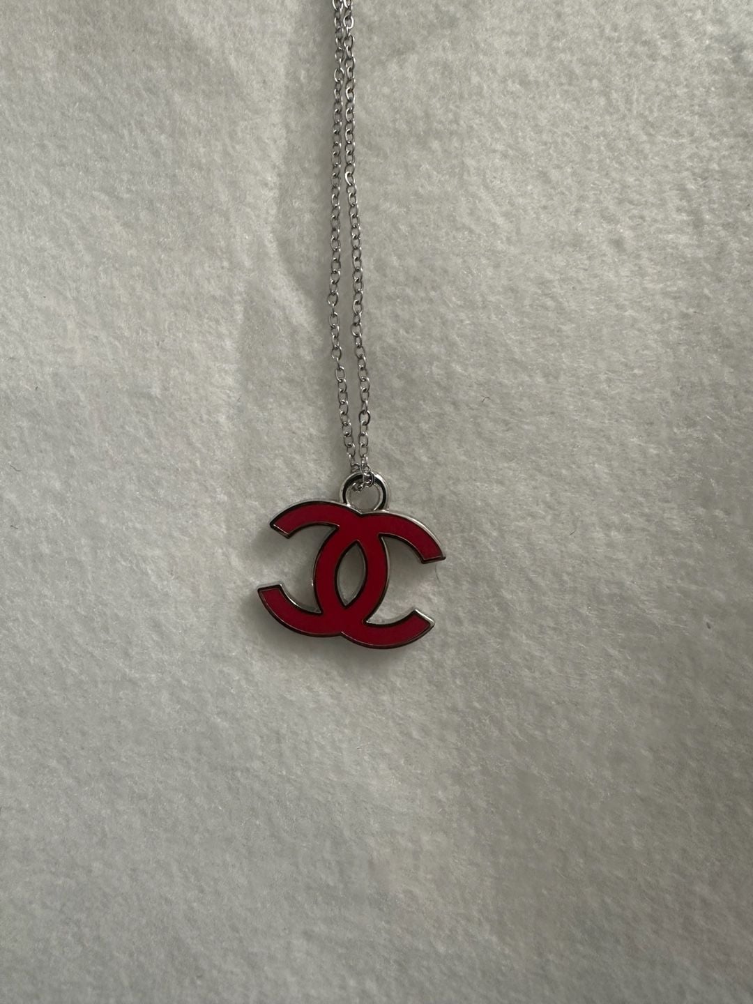 Chanel CC Pendant Necklace Red Enamel Silver Tone 2