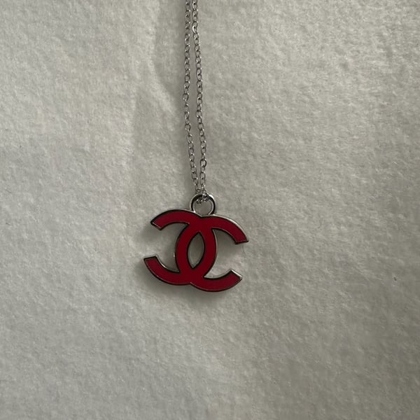 Chanel CC Pendant Necklace Red Enamel Silver Tone