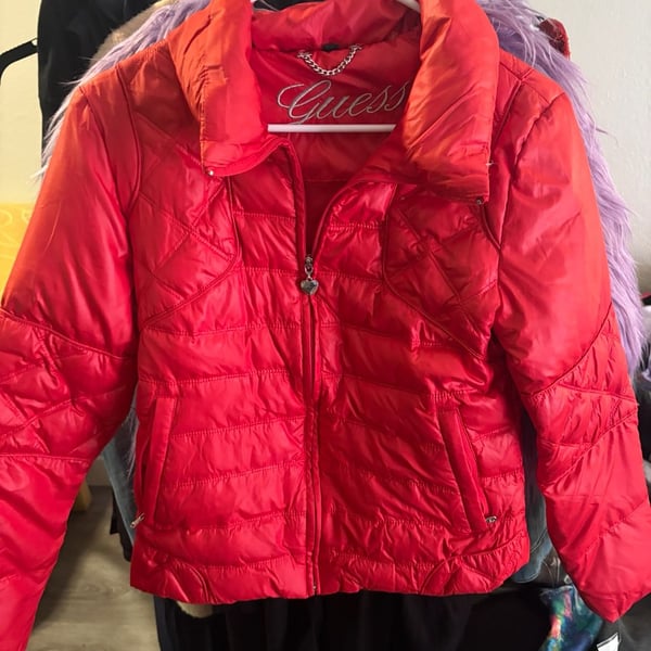 Guess Quilted Puffer Jacket Size S Red Full Zip Collar