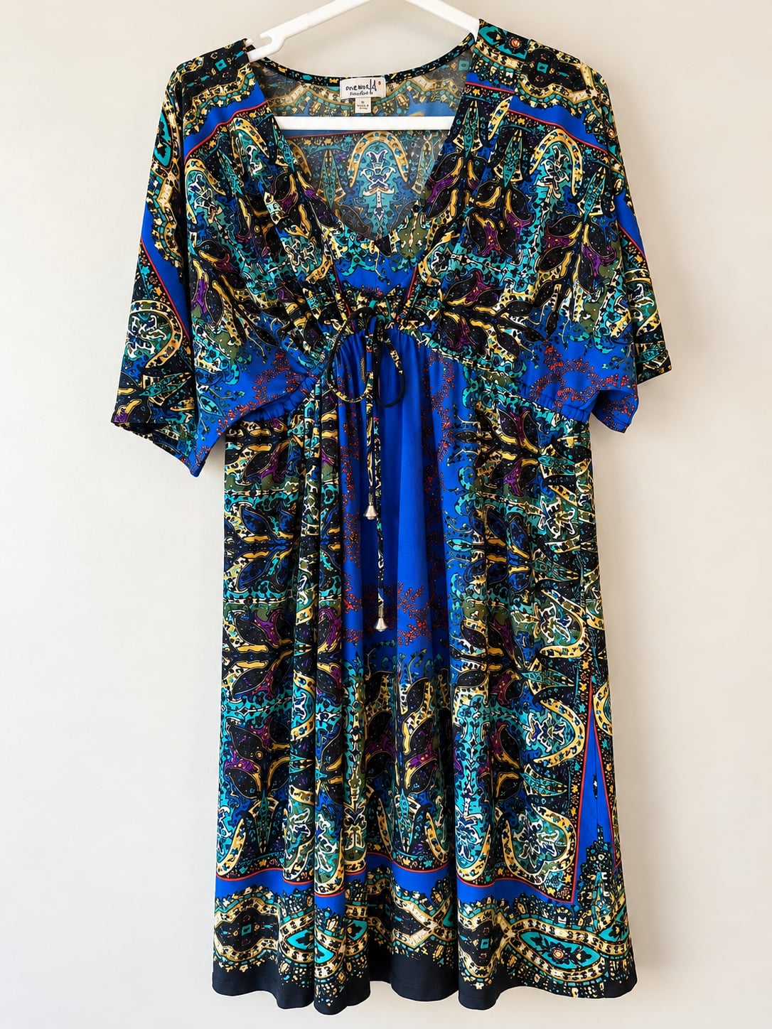One World Dress Size S Blue Paisley Boho Kaftan V-Neck 2