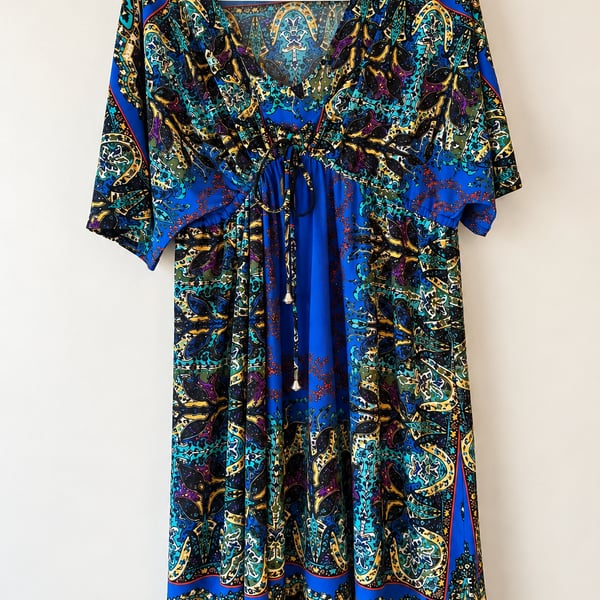 One World Dress Size S Blue Paisley Boho Kaftan V-Neck