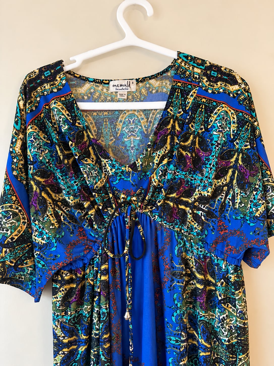 One World Dress Size S Blue Paisley Boho Kaftan V-Neck 4