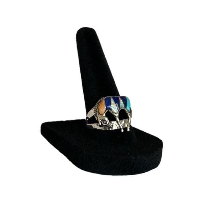 Vintage Southwestern Sterling Silver Multistone Inlay Horse Ring Size 8.5 8