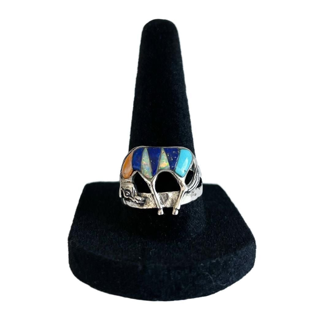 Vintage Southwestern Sterling Silver Multistone Inlay Horse Ring Size 8.5 3