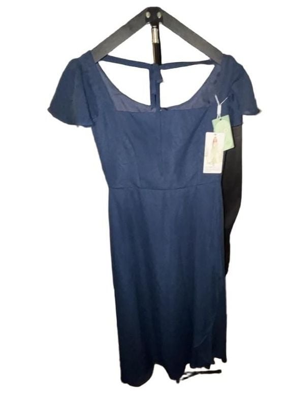 Junior Bridesmaid Dress Navy Blue Square Neck Flutter Sleeve Maxi Dress with Tie Back 2