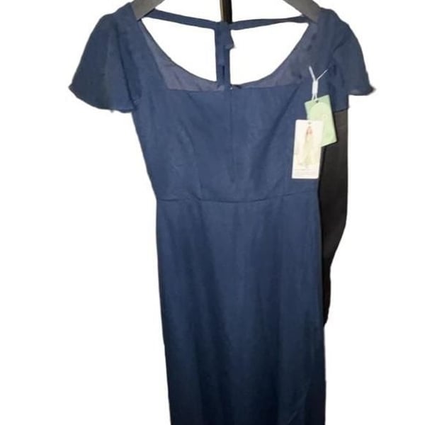 Junior Bridesmaid Dress Navy Blue Square Neck Flutter Sleeve Maxi Dress with Tie Back