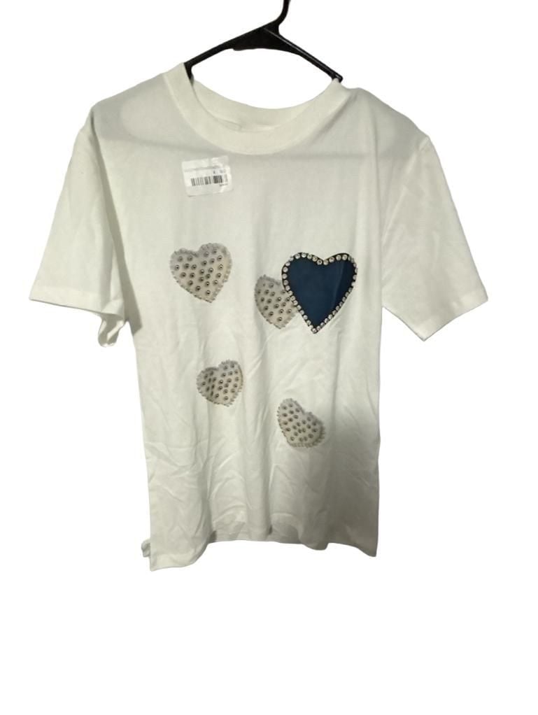 Bohologie Women's White Cotton T-Shirt with 3D Denim Heart Patch and Rhinestone Faux-Pearl Accents 2