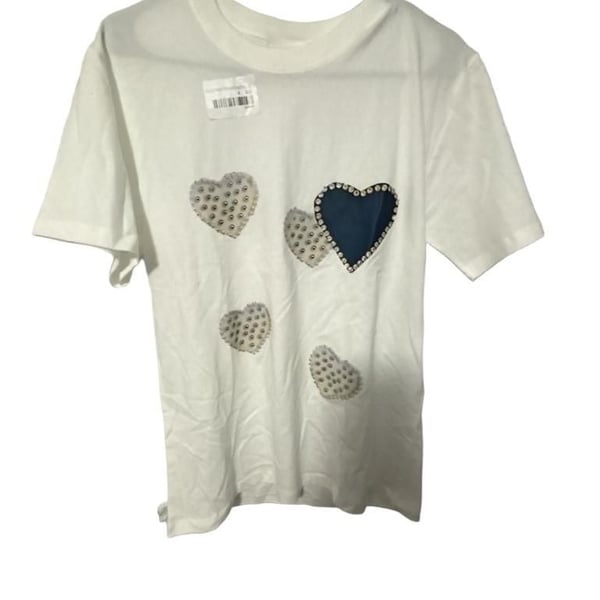 Bohologie Women's White Cotton T-Shirt with 3D Denim Heart Patch and Rhinestone Faux-Pearl Accents