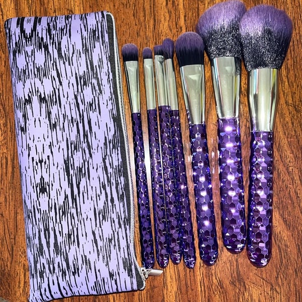 Cosmetic Brush 7-Piece Set Purple Hexagon Handle With Travel Case